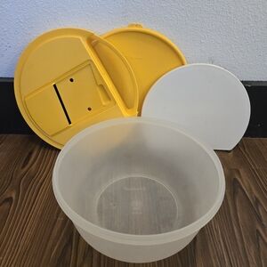 Vintage Tupperware Cheese Slicer Cutting Board Bowl 4 Piece Set Yellow Lid 4 Qts